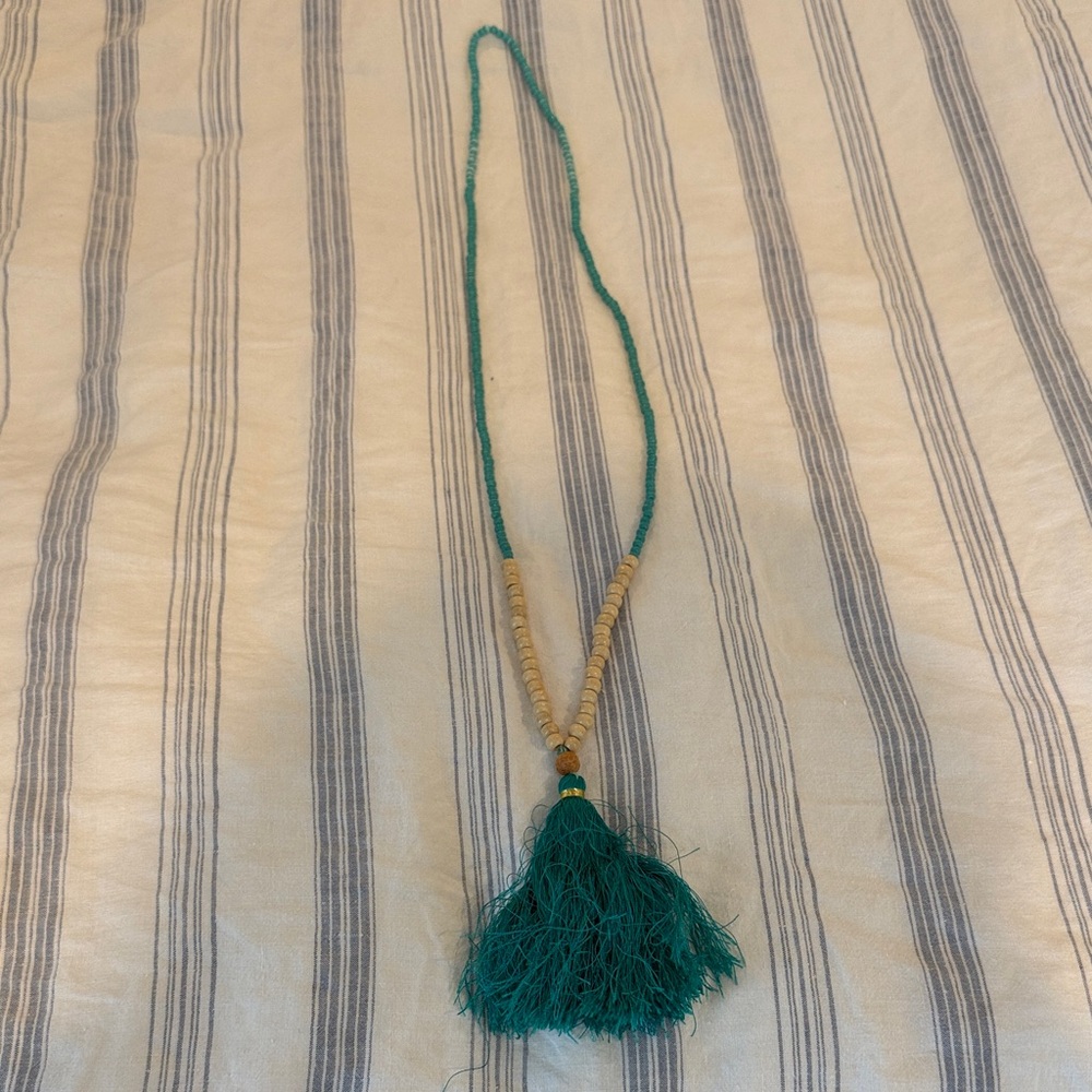 Roller Rabbit Teal and Beige Tassel Necklace